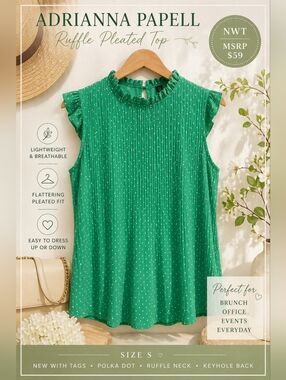 NWT Adrianna Papell Ruffle Neck Polka Dot Top Green Pleated S